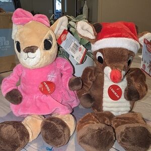 Plush Holiday Deer Toy - Pink Dress & Brown Reindeer with Squeak